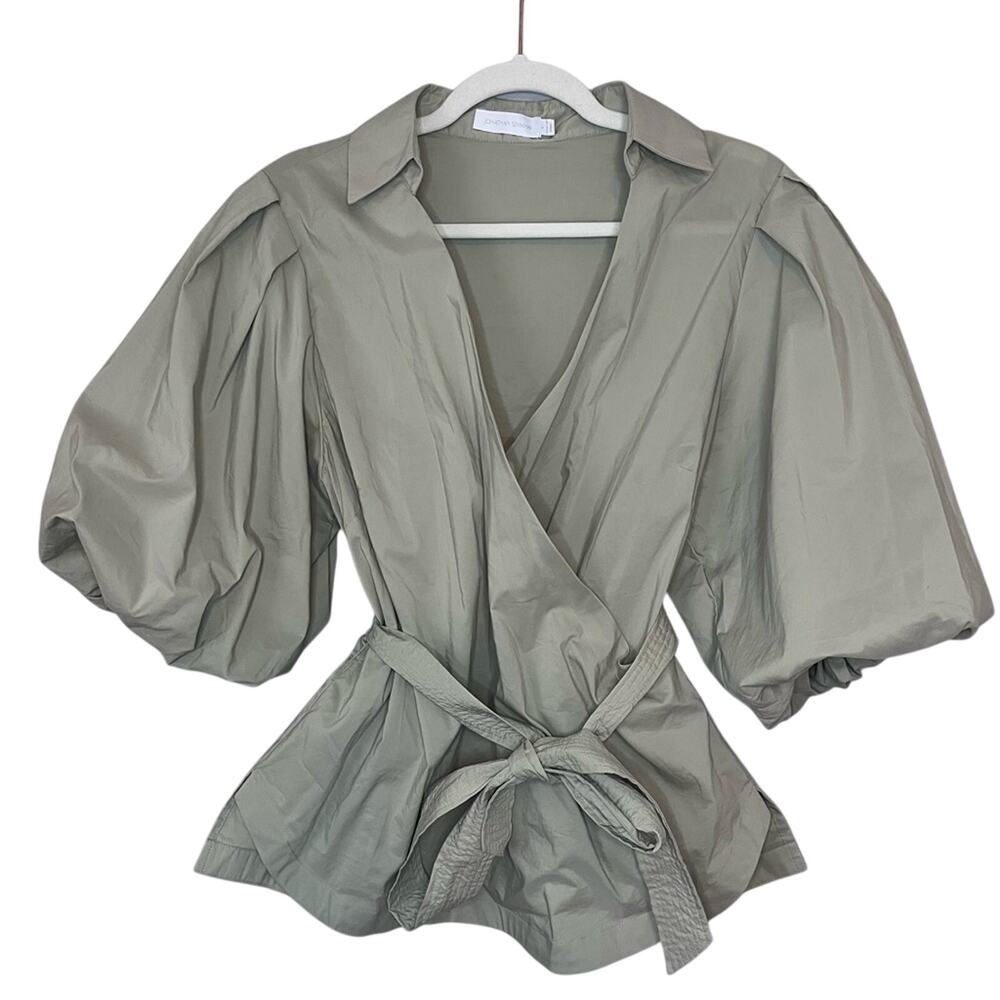 Jonathan Simkhai Waverly Bubble Sleeve Collared Tie Waist Wrap Blouse Thyme Sage - Picture 2 of 9
